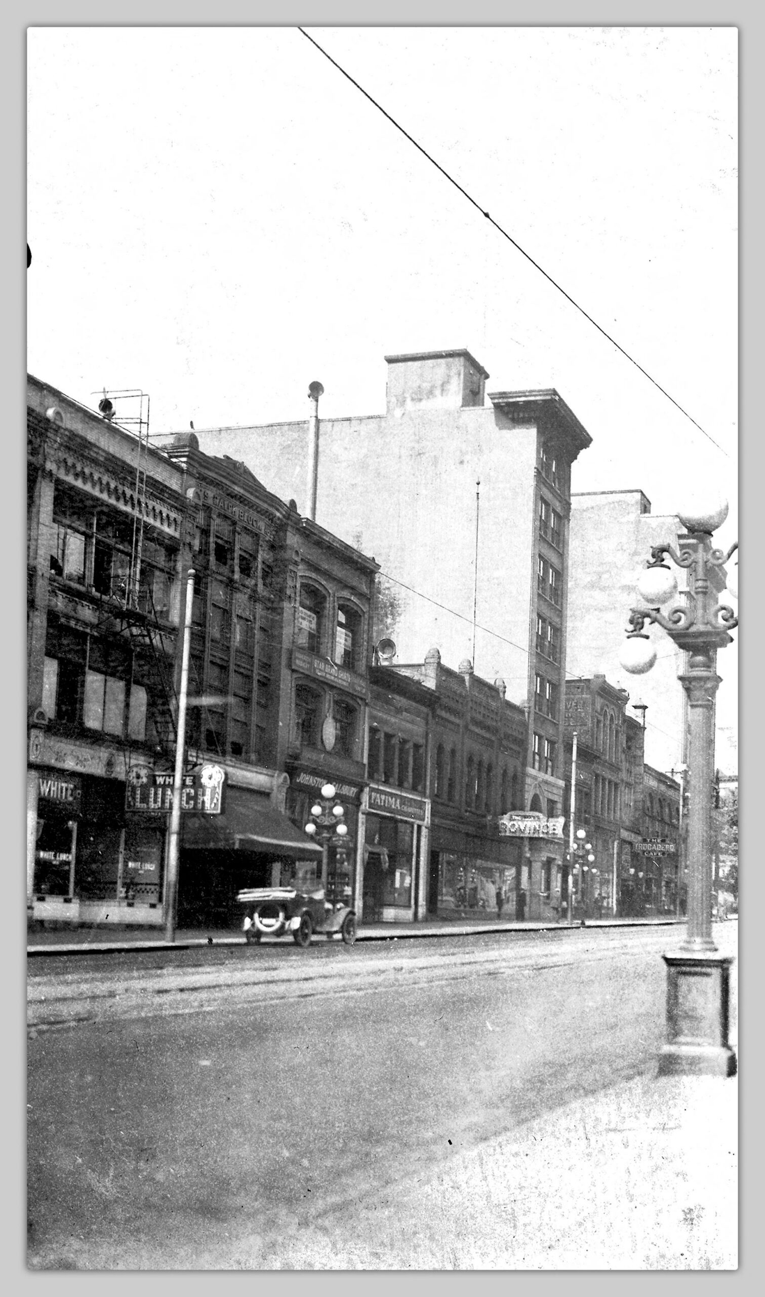 A black and white photo of East Hastings Street.