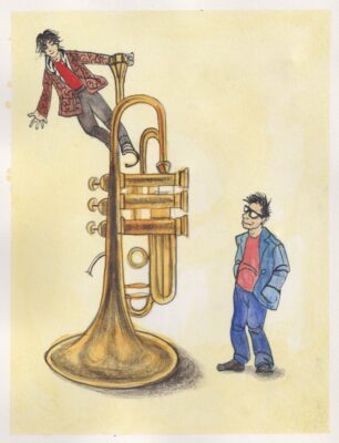 An illustration of a man looking up at his son, standing atop a giant trumpet.
