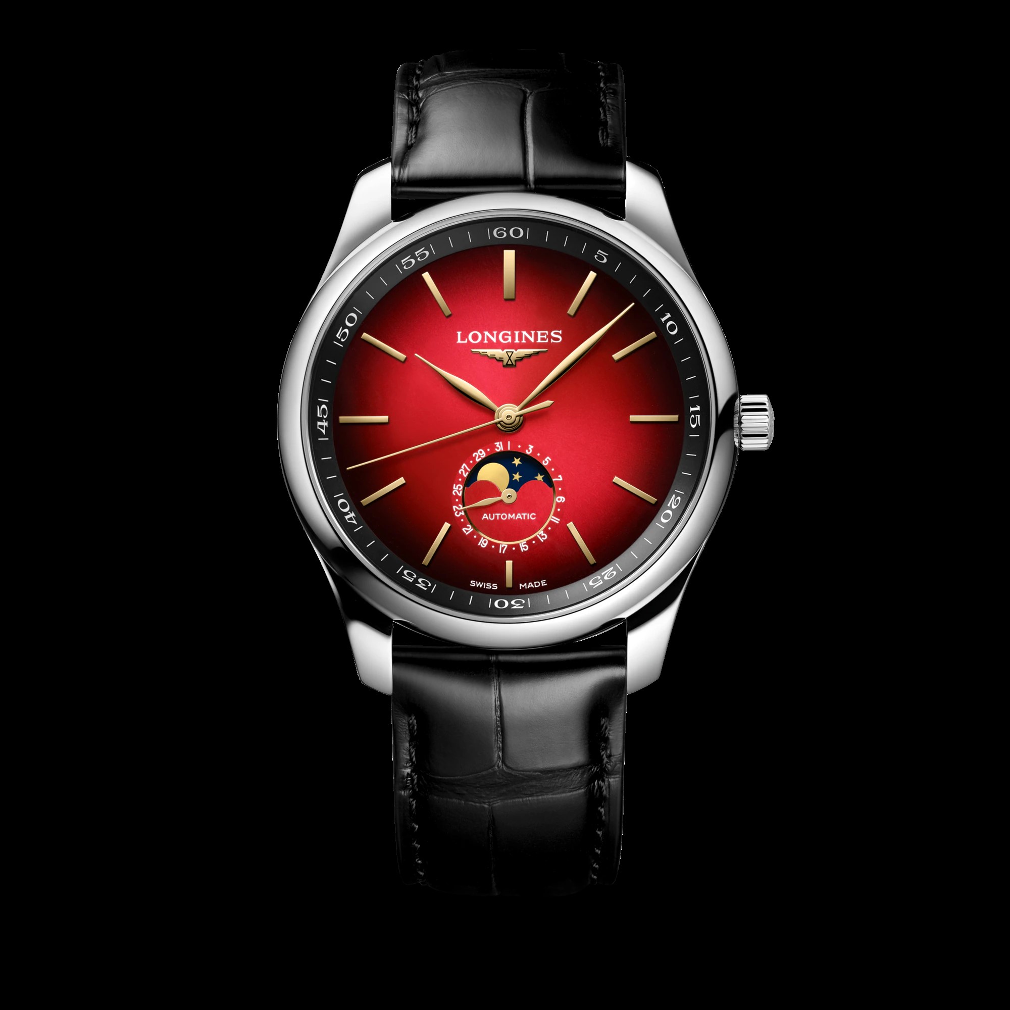 A close-up of a wristwatch with a red face and black band. February wishlist.