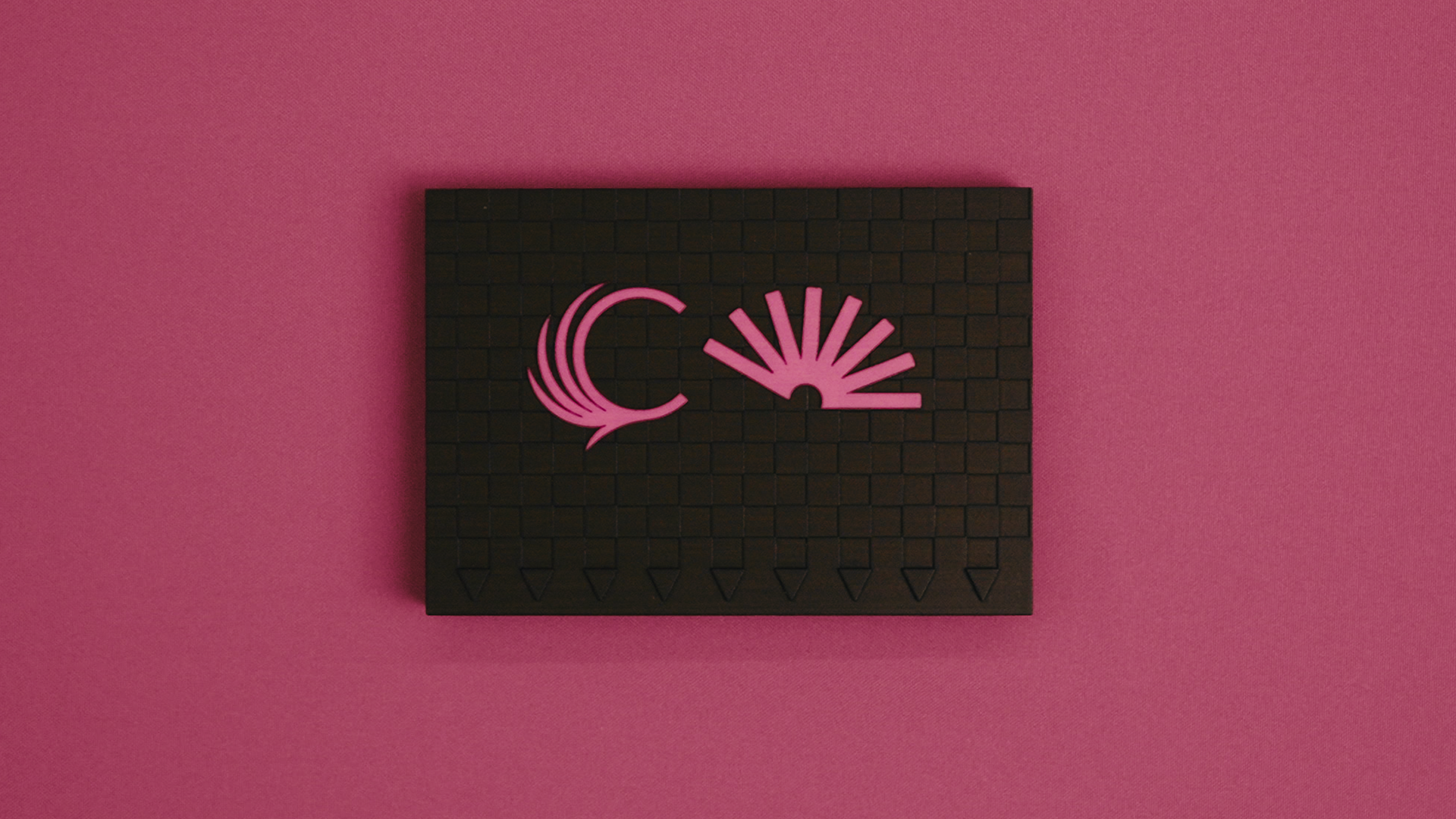A brown embossed makeup palette on a pink background.