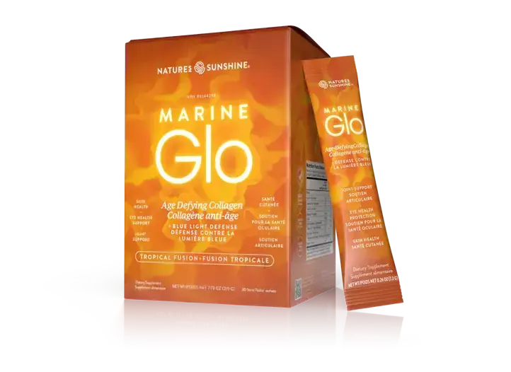 A bright orange box labelled Marine Glo next to a tube of the product.