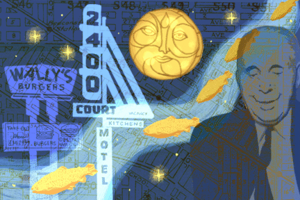 A blue-toned illustration featuring a man in a suit, the moon, and signs for the 2400 Motel and Wally's Burgers.