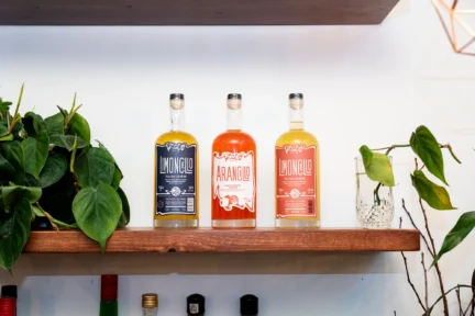 Three bottles of spirits on a shelf at the Woods Spirit Co.